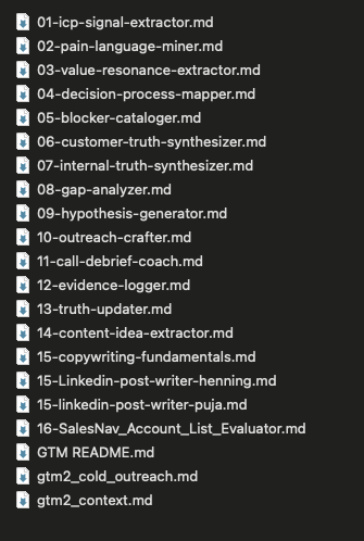 GTM prompt directory — 20 markdown skill files organised by layer